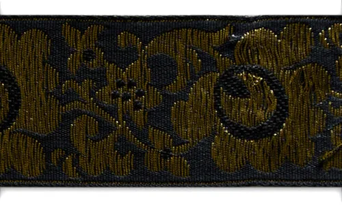 1 1/2" Metallic Gold Ornamental Flowering Vine Black Woven Ribbon