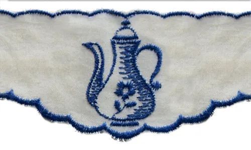 1 1/2" Navy Vintage Teapots Embroidered Trim