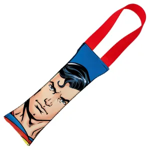 Dog Toy Squeaky Tug Toy - Superman Face   Shield Icon CLOSE-UP Blue Red - RED Webbing