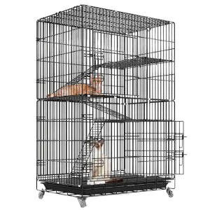 Fresh Fab Finds 4 Tiers Cat Cage Rolling Metal Cat Playpen Enclosures Cat Kennel House Ferret Crate with 360° Lockable Wheels 3 Doors 3 Ladders Hammock
