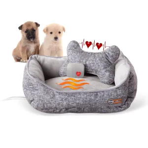 Heated Dog Bed with Heartbeat Dog Pillow - Plush Dog Bone Pillow - Behavioral Aid