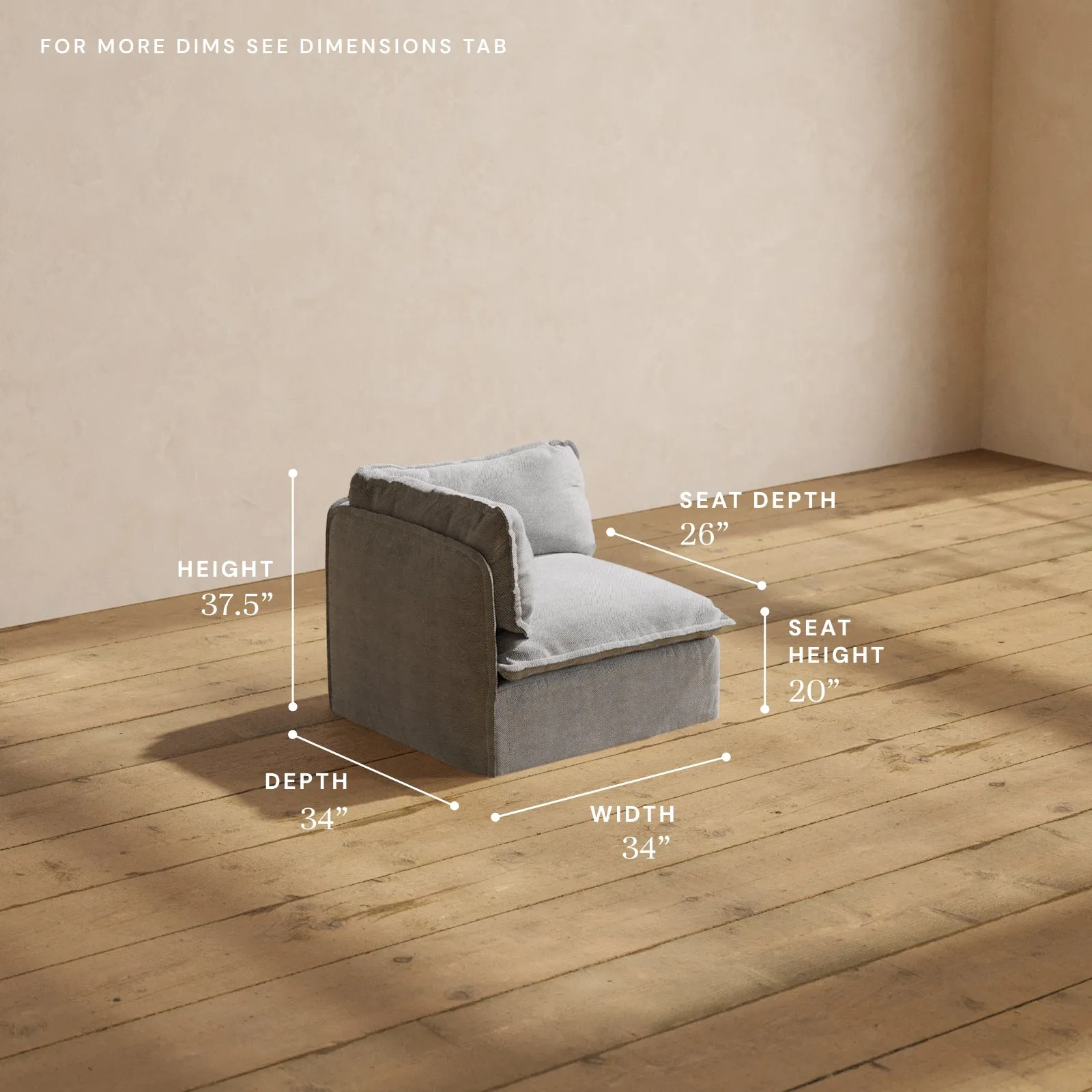 Modular Washable End Chair - Left in Ash | Deluxe  Seat | Cloud Pillow